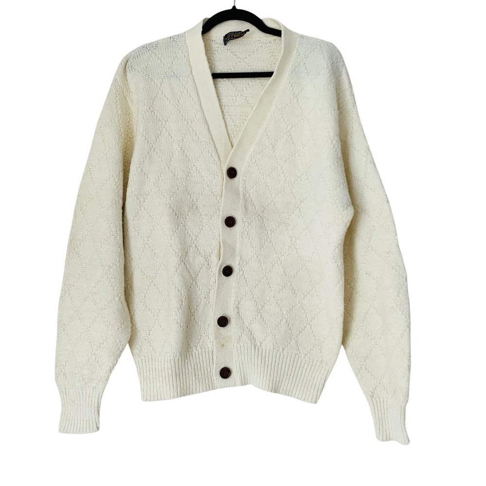 John Blair Cardigan Mens XL Cream Diamond Knit Vintage Grandpacore Old Money